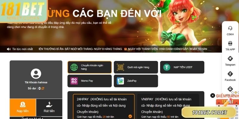 Trải nghiệm nạp rút tiền 181Bet an toàn, minh bạch tuyệt đối