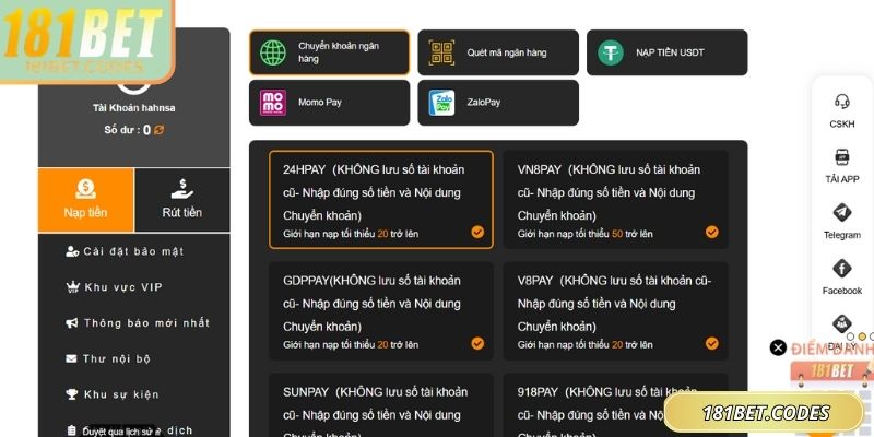 Nhiều phương thức giúp hội viên thực hiện nạp tiền an toàn